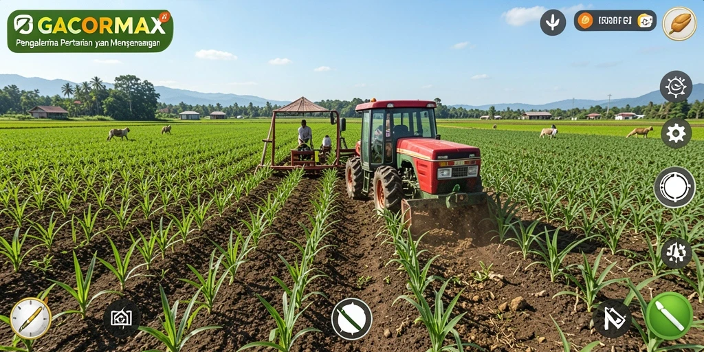 Screenshot gameplay GACORMAX menampilkan ladang hijau yang subur dan aktifitas pertanian.