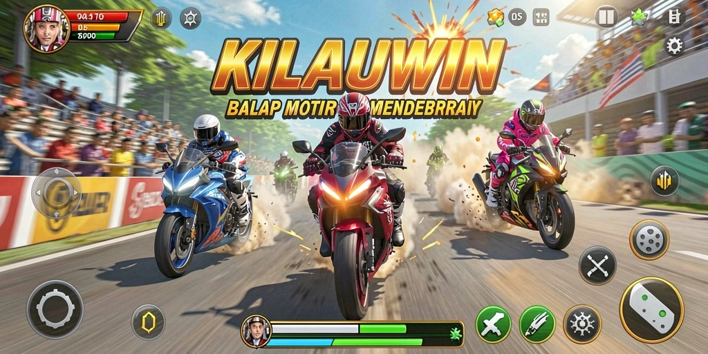 Screenshot gameplay KILAUWIN menampilkan aksi balap motor yang mendebarkan.