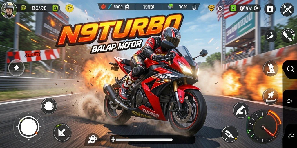Gameplay N9TURBO yang seru dan menegangkan dalam balapan motor.