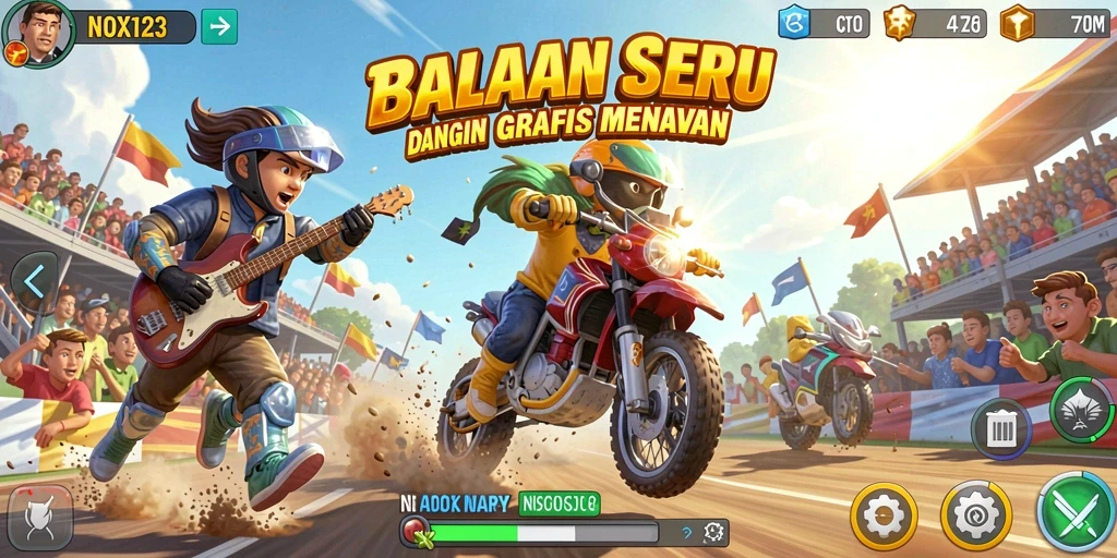 Tampilan menarik dari gameplay NOX123 dengan mobil balap di lintasan.