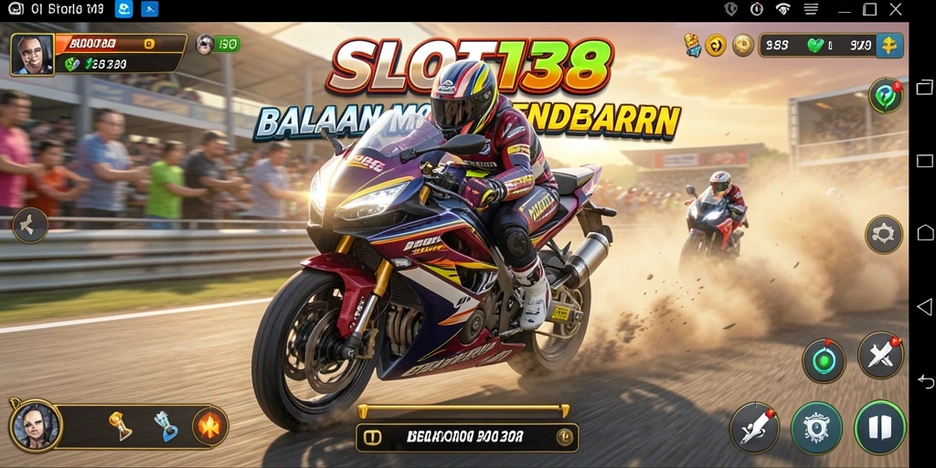 Screenshot gameplay <strong>SLOT138</strong> menampilkan balapan motor yang mendebarkan dan seru.