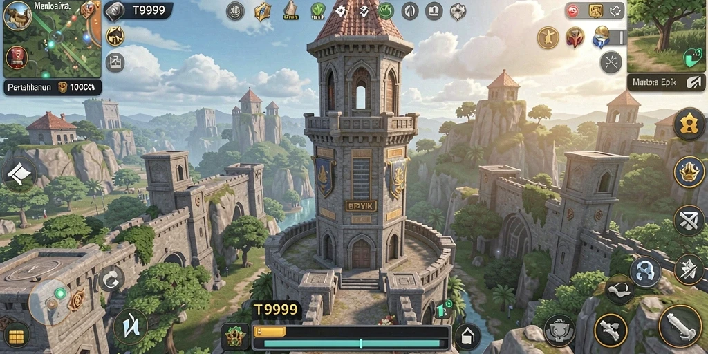 Gameplay menegangkan dalam T9999 dengan menara pertahanan strategis.